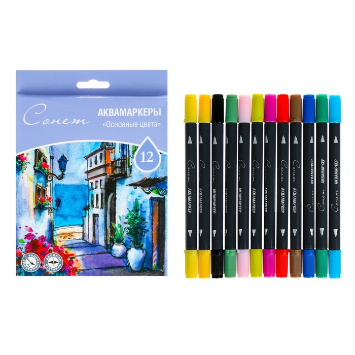 Набор художественных маркеров "Сонет", 12 цветов, водная основа, двусторонний: пулевидная/кисть, основные цвета, 150411173 - Фото 1