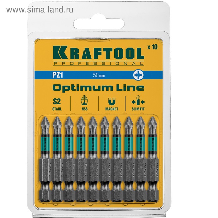 Биты KRAFTOOL Optimum Line 26124-1-50-10, Е 1/4", 50 мм, 10 шт., PZ1 - Фото 1