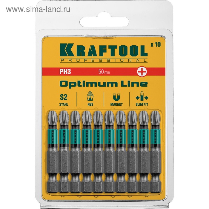 Биты KRAFTOOL Optimum Line 26122-3-50-10, Е 1/4", 50 мм, 10 шт., PH3 - Фото 1