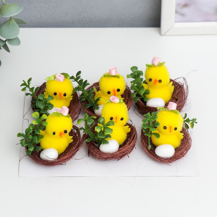 Набор фигурок пасхальных «Цыплёнок с розой и яичком в гнезде с цветком», 6 шт., 3×4×4 см - Фото 1