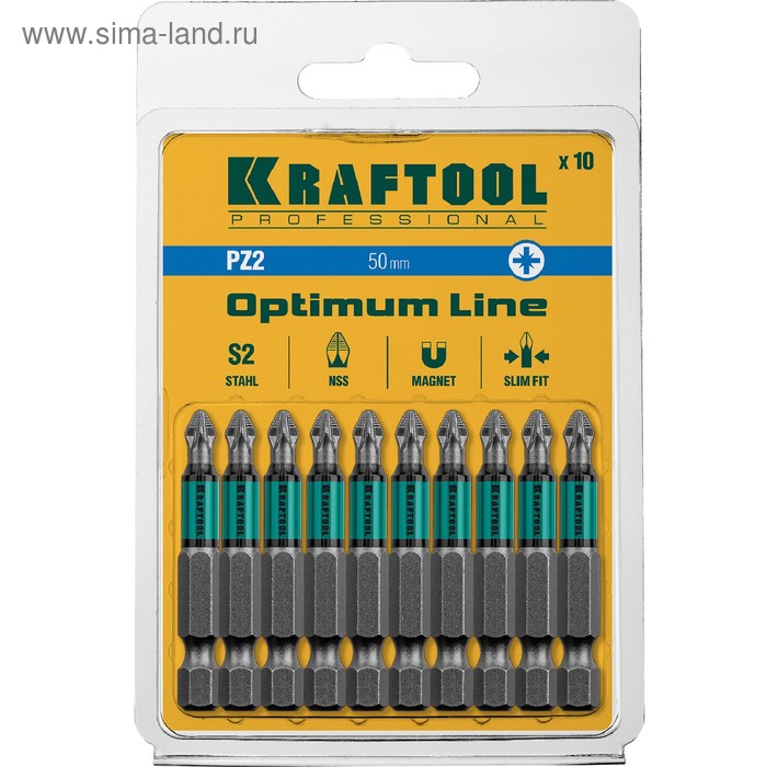 Биты KRAFTOOL Optimum Line 26124-2-50-10, Е 1/4", 50 мм, 10 шт., PZ2 - Фото 1