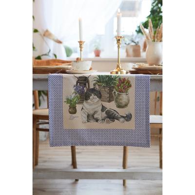 Дорожка на стол «Этель. Уютные коты», 40×146 см, 100% хлопок, саржа 190 г/м², бежевая/синяя