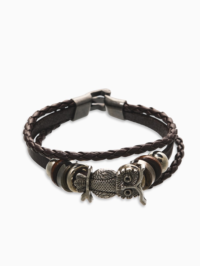 Браслет кожаный «Совушка», коричневый в чернёном серебре,20 см - Фото 1
