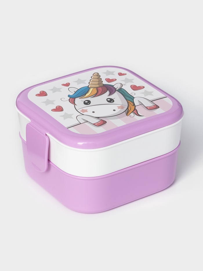 Ланч - бокс в школу IDEA «Единорог», 2 отделения, 400+400 мл, пластик, сиреневый - Фото 1