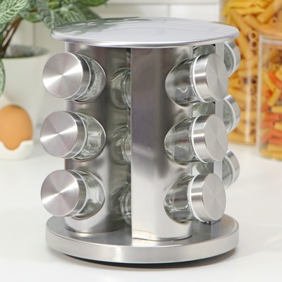 Набор для специй на подставке «Профи», 19×20 см, 12 шт., стекло, серебристый