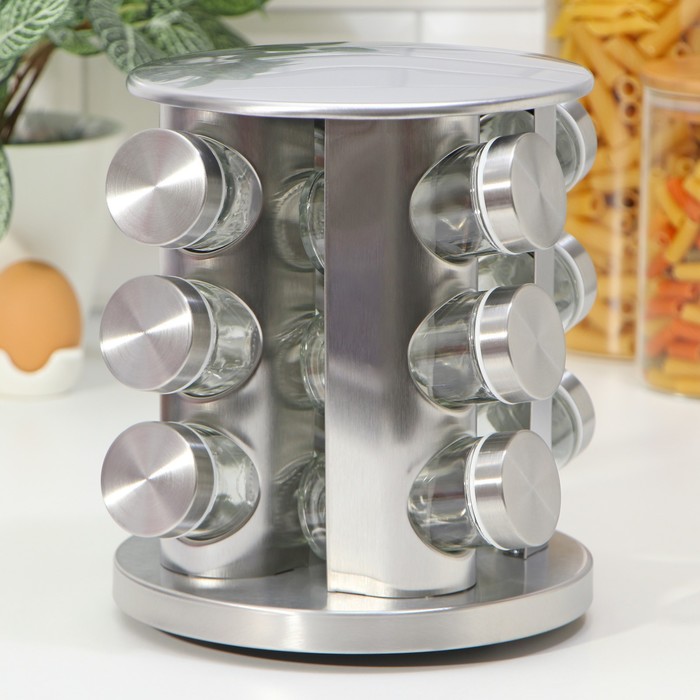 Набор для специй на подставке «Профи», 19×20 см, 12 шт., стекло, серебристый - Фото 1