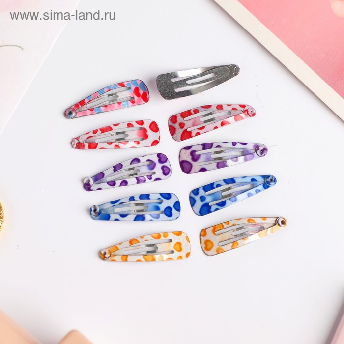 Невидимка для волос "Молли" (набор 10 шт) сердечки цветные, 2,7 см, микс - Фото 1