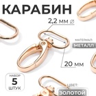 Карабин металлический, 43×25 мм / 20×2.2 мм, 5 шт., цвет золотой - Фото 1