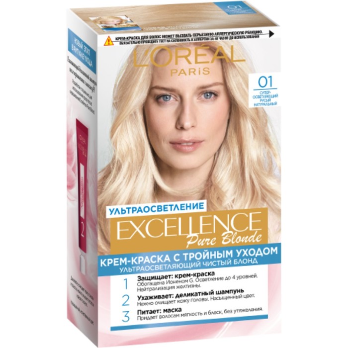 Крем-краска для волос L'Oreal Excellence Pure Blonde, тон 01 супер-осветляющий русый натуральный - Фото 1