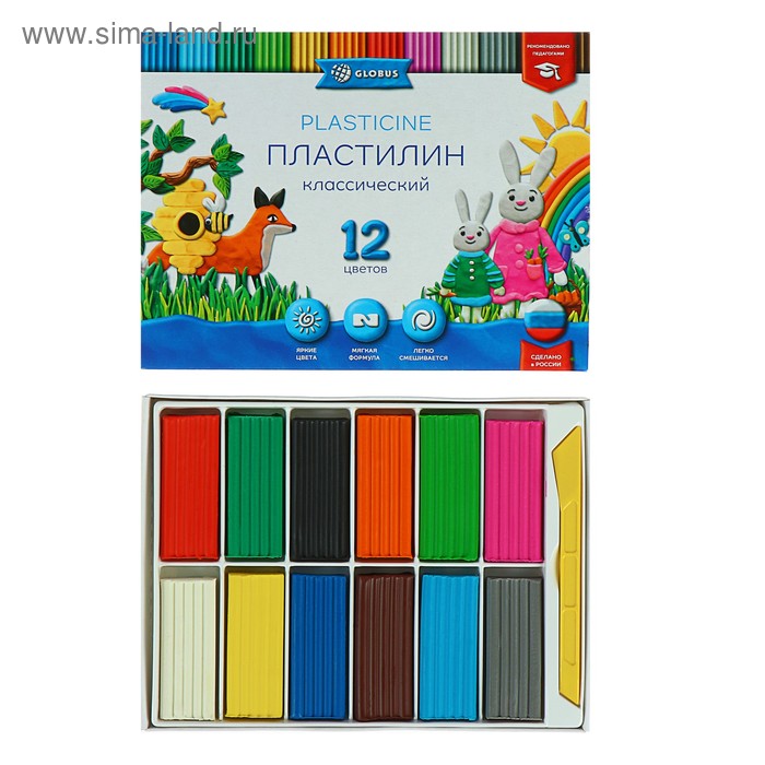 Пластилин GLOBUS "Классический", 12 цветов, 240 г, рекомендован педагогами - Фото 1