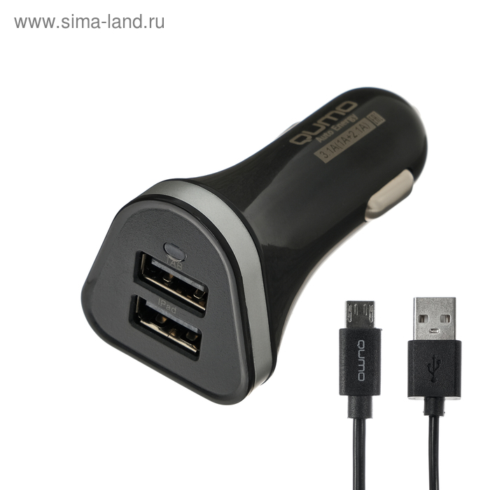 Автомобильное зарядное устройство Qumo Charger 0060, 2 USB, 2 A, кабель Micro USB, черное - Фото 1
