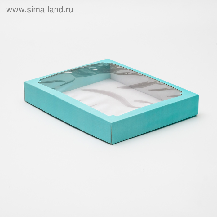 Коробка сборная, крышка-дно, с окном, голубая, 26 х 21 х 4 см