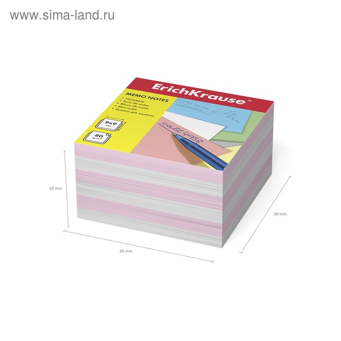 Блок бумаги для записей ErichKrause, 9 x 9 x 5 cм, плотность 80 г/м2, люкс, белый/розовый - Фото 1
