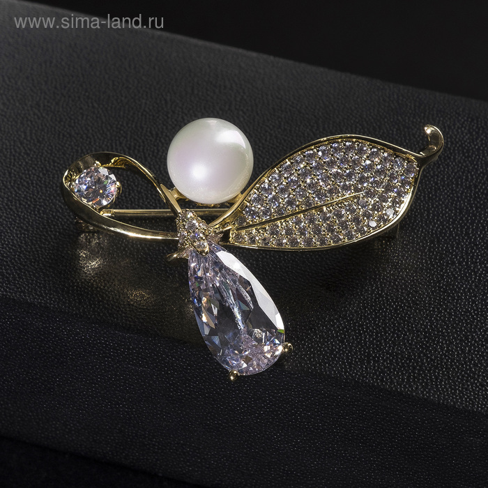 Брошь позолота «Бант» стеклянный с бусиной, цвет белый в золоте - Фото 1