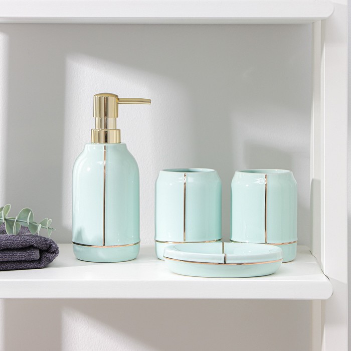 Набор аксессуаров для ванной комнаты «Лайн», 4 предмета (дозатор 400 мл, мыльница, 2 стакана), цвет зелёный - фото 1905609333
