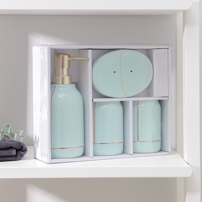 Набор аксессуаров для ванной комнаты «Лайн», 4 предмета (дозатор 400 мл, мыльница, 2 стакана), цвет зелёный - фото 1905609336