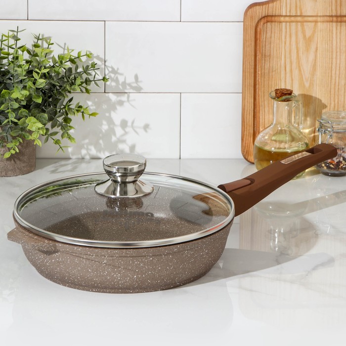 Сковорода Мечта «Гранит Brown», d=24 см, съёмная ручка, стеклянная крышка, антипригарное покрытие, алюминий, коричневая - Фото 1