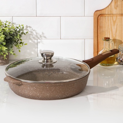 Сковорода Мечта «Гранит Brown», d=30 см, съёмная ручка, стеклянная крышка, антипригарное покрытие, литой алюминий, коричневая