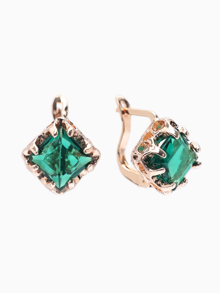 Серьги со стразами «Эдель», ромб, зелёные в розовом золоте - Фото 1
