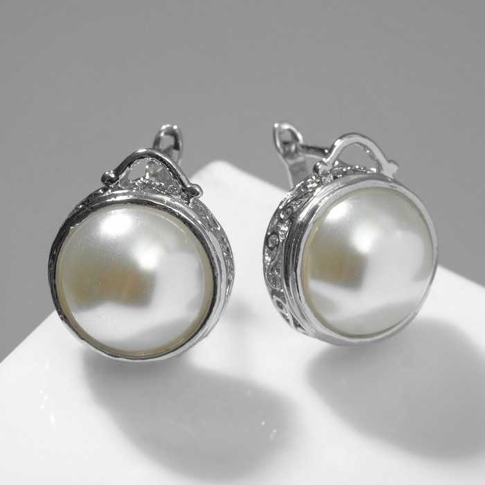 Серьги с жемчугом «Эдель» круг классика, цвет белый в серебре - Фото 1