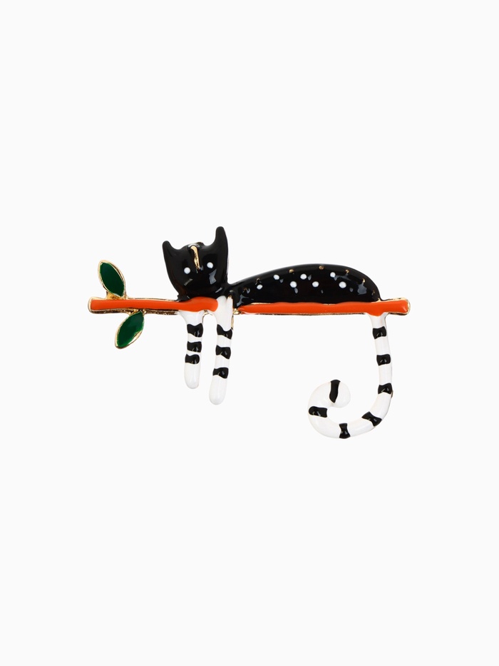 Брошь «Кошка» тропическая на ветке, цветная в золоте - Фото 1