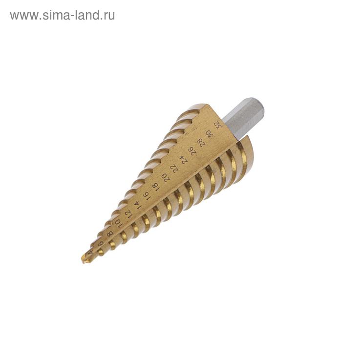 Сверло ступенчатое ТУНДРА, HSS, TiN, трехгранный хвостовик, 4 - 32 мм - Фото 1