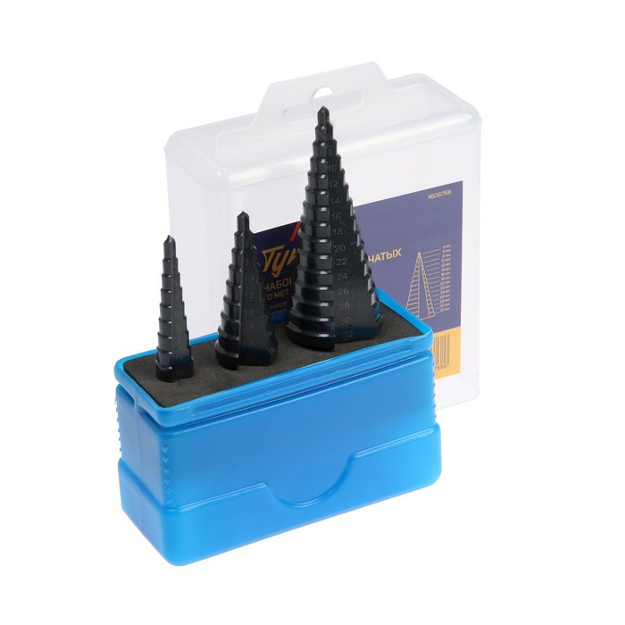 Набор сверл ступенчатых ТУНДРА, HSS, трехгранный хвостовик, 4-12, 4-20, 4-32 мм, 3 шт. - Фото 1