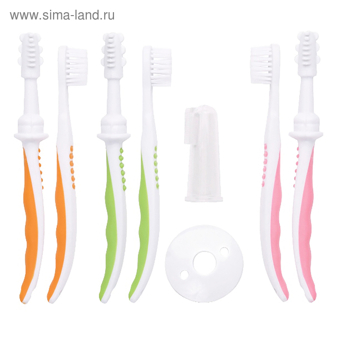 Зубная щётка детская, набор 3 шт.: классическая, силиконовая на палец, массажёр, цвета МИКС, от 4 мес. - Фото 1