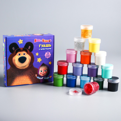 Гуашь 13 цветов + 3 цвета с блёстками (красный, золото, серебро) по 20 мл, «Маша и Медведь», карамельная