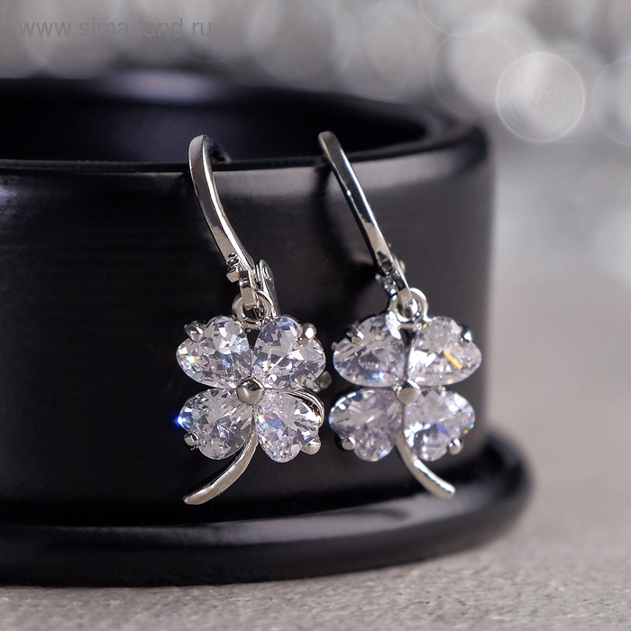 Серьги со стразами «Большой бриллиант» клевер, цвет белый в серебре - Фото 1