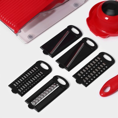 Тёрка с лотком Доляна Vegan, 6 насадок, 30×10.5×11 см, цвет зелёный, овощечистка металлическая, цвет красный