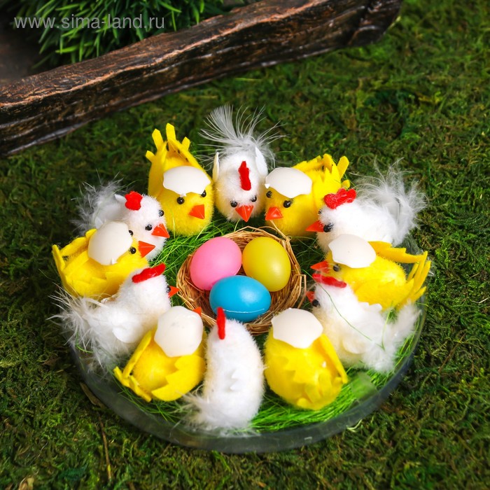 Сувенир пасхальный "Цыплята на травке с гнездом и яичками" набор  шт 12 4,5х14х14 см - Фото 1