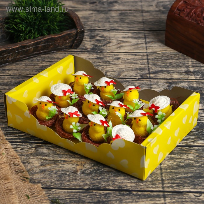 Фигурка пасхальная «Цыпа в шляпке в гнезде с цветочками», набор 12 шт., 5×5×5 см - Фото 1