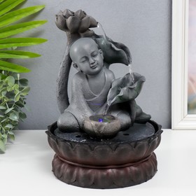 Фонтан настольный от сети, подсветка Маленький будда с лотосом серый 29х20х20 см