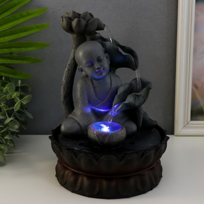 Фонтан настольный от сети, подсветка "Маленький будда с лотосом" серый 29х20х20 см - фото 1905613248