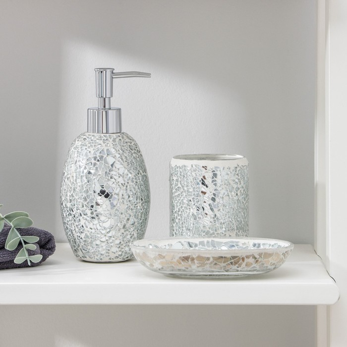 Набор аксессуаров для ванной комнаты «Зазеркалье», 3 предмета (дозатор 370 мл, мыльница, стакан), цвет серебряный - Фото 1