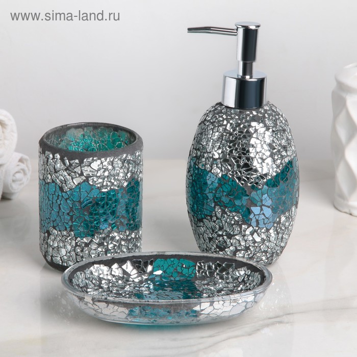Набор аксессуаров для ванной комнаты «Зазеркалье», 3 предмета (дозатор 370 мл, мыльница, стакан), цвет сине-серебряный - Фото 1