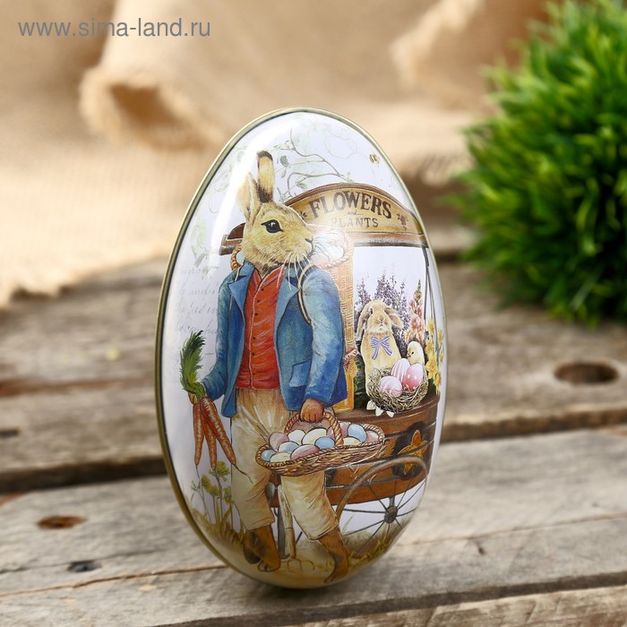Шкатулка металл яйцо "Заяц с корзиной крашенных яиц" 11х6,5х7 см - Фото 1