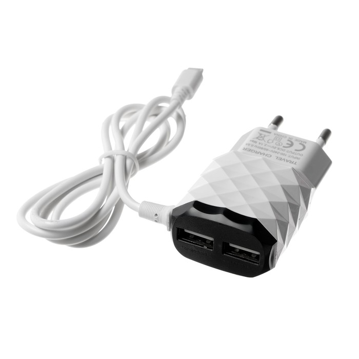 Сетевое зарядное устройство Luazon LCC-25, 2 USB, Lightning, 1 А, 1 м, черно-белое - Фото 1