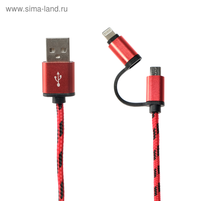 Кабель 2 в 1 LuazON, Lightning/microUSB - USB, 1 А, 1 м, штекер металл, красный - Фото 1