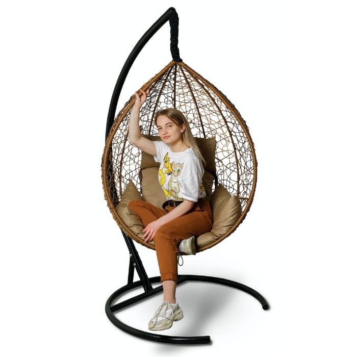 Подвесное кресло SEVILLA горячий шоколад, бежевая подушка, стойка - фото 1908522328