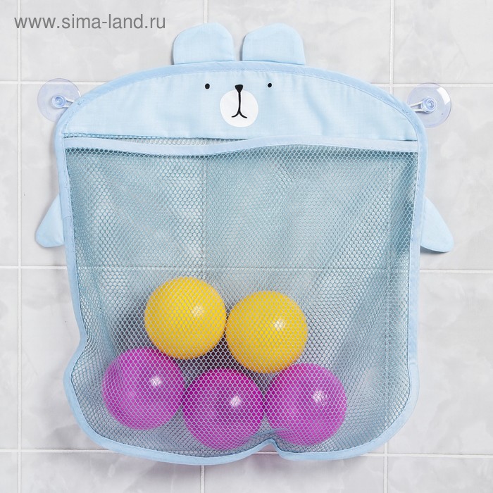 Сетка для хранения игрушек в ванной на присосках «Мишка», цвет голубой - Фото 1