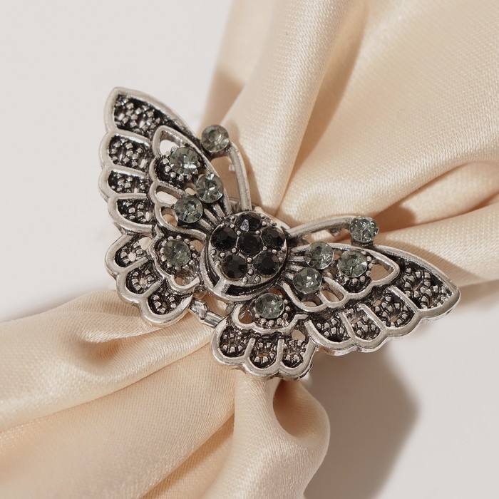 Кольцо для платка "Бабочка", цвет чёрно-серый в чернёном серебре - Фото 1