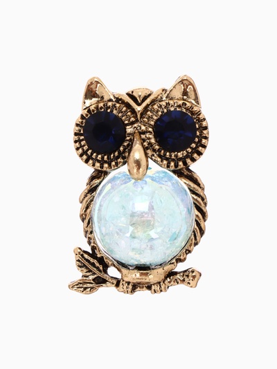 Брошь «Сова» шарик, цвет сине-голубой в чернёном золоте