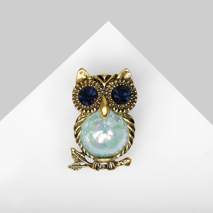 Брошь «Сова» шарик, цвет сине-голубой в чернёном золоте - Фото 1