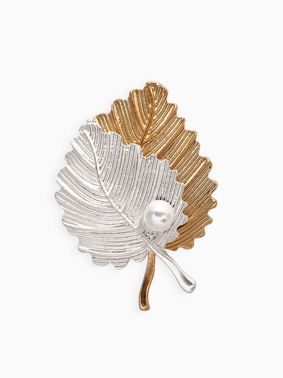 Брошь «Листья», цвет серебристо-золотой матовый