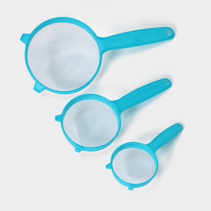 Сито с ручкой, набор 3 шт., пластик, d=6.5/8/12 см, бирюзовое - Фото 1