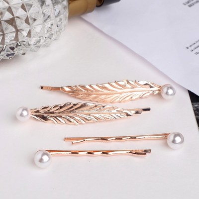 Невидимка для волос "Кварта" 6 см (набор 4 шт) листики с жемчугом, золото