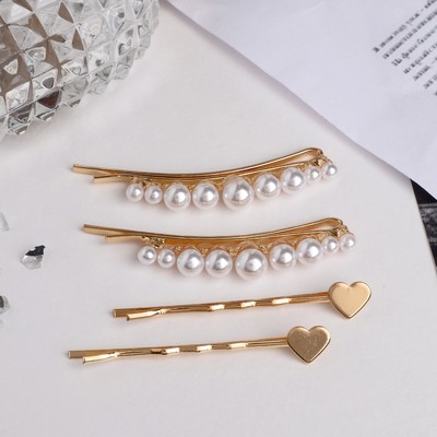 Невидимка для волос "Морская пена" 5 см, 6 см (набор 4 шт) бусины, сердце, золото