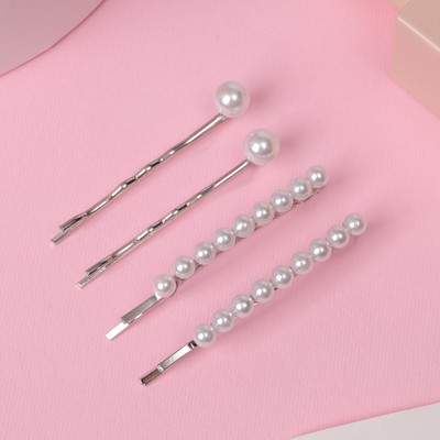 Невидимки для волос QF «Морская пена», набор 4 шт., бусины, 5 см и 5.5 см, серебристо-белые